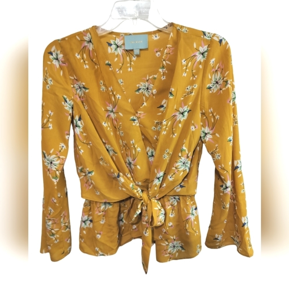 2543) Skies Are Blue Floral Print Surplice Tie Front Long Sleeve Blouse Size XS